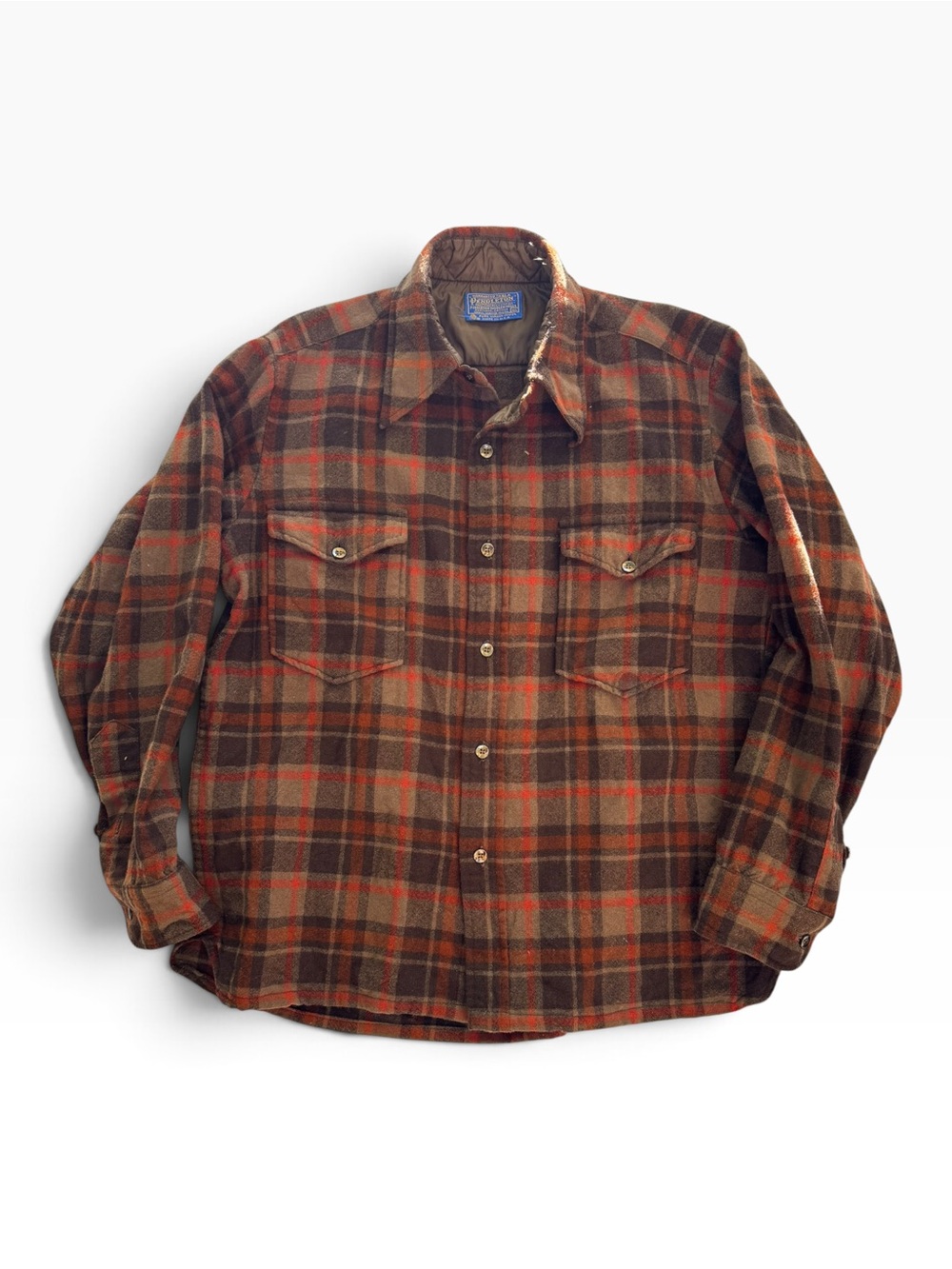 Vintage Pendleton Men's Brown & Orange Plaid Flannel Button Down Wool Shirt - Picture 3 of 12